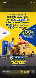 Telepass: fino a 1 anno gratis + 200€ di Cashback