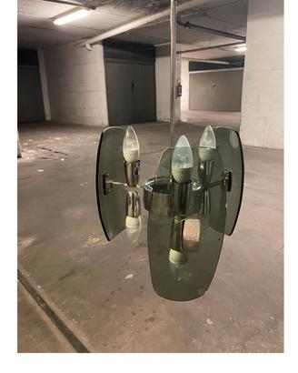 Lampadario vintage vetro e acciaio