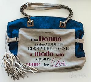 Borsa Le Pandorine grande tela blu con scritta