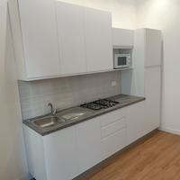 cucina con frigorifero e cappa