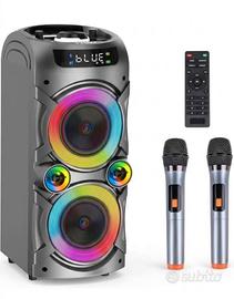 Cassa Bluetooth 2 Microfoni Karaoke Festa Led Rgb