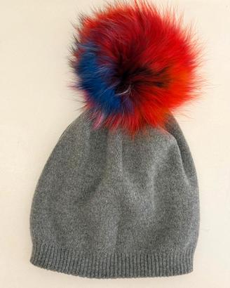 Cappello donna grigio con maxi pon pon multicolor