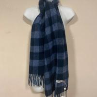 Sciarpa blu stampa quadri, 100% lana, 180x30 cm