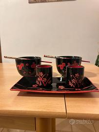 Set Ceramica Cinese Nero Rosso 2 Ciotole 2 Bicchie