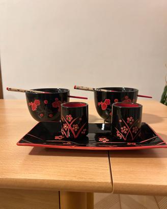 Set Ceramica Cinese Nero Rosso 2 Ciotole 2 Bicchie
