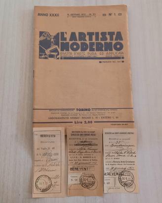 1933 L'Artista Moderno N. 1 + Ricevute Postali 