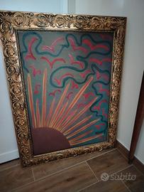 Quadro olio su tela,con cornice in legno intarsiat