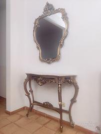 Specchio e consolle legno intagliato oro  e marmo