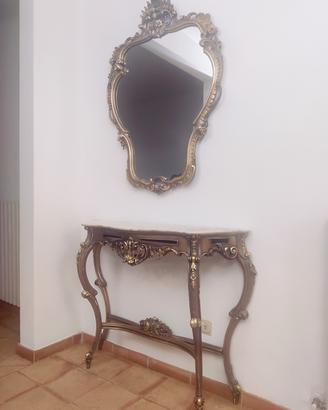 Specchio e consolle legno intagliato oro  e marmo