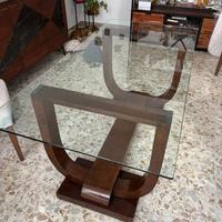 Tavolo antico in legno con base in vetro