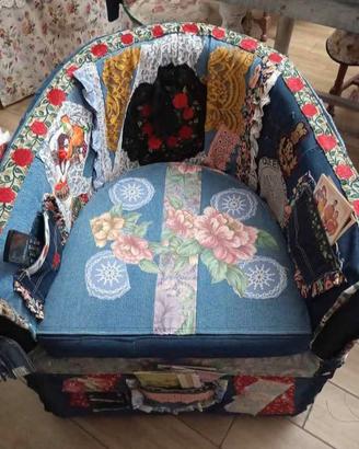 poltroncina stile vintage in tessuto jeans 