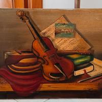 Quadro con Natura morta e violino dipinto a mano.