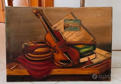 Quadro con Natura morta e violino dipinto a mano.
