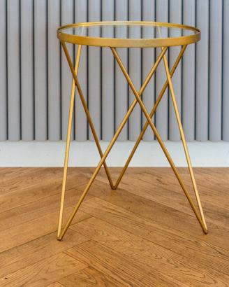 Tavolino di design in metallo dorato e vetro
