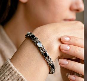 bracciale vintage in argento 925, marcasite, onice