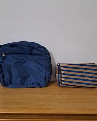 Beauty case blu + Pochette blu/oro glitter.