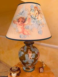 Lampada Putti Angeli Ceramica+Paralume Oro