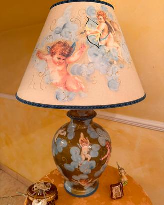 Lampada Putti Angeli Ceramica+Paralume Oro
