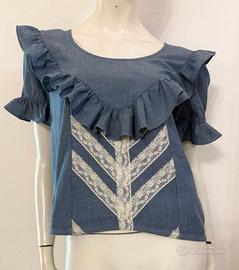 TWIN SET Maglia blusa jeans e pizzo bianco