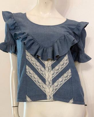 TWIN SET Maglia blusa jeans e pizzo bianco