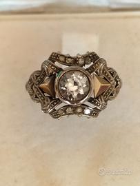 Anello oro bianco 18 kt anni 40 con zaffiro bianco