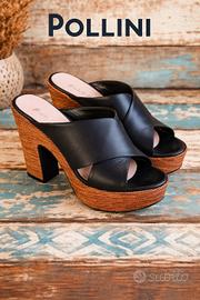 POLLINI Sandali in pelle nera con Zeppa