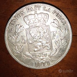 5 Francs Léopold II 1871 Bruxelles

