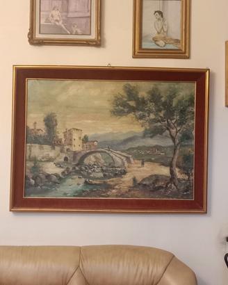 QUADRO GRANDE OLIO SU TELA  BORGO FIUME/PONTE "60