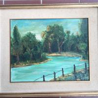 QUADRO A OLIO PAESAGGIO FLUVIALE CON CORNICE IN LE