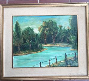 QUADRO A OLIO PAESAGGIO FLUVIALE CON CORNICE IN LE