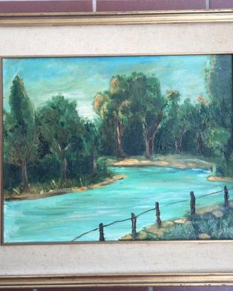 QUADRO A OLIO PAESAGGIO FLUVIALE CON CORNICE IN LE