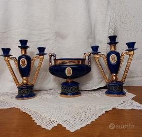 TRITTICO antico in ceramica vaso e candelabri CAL