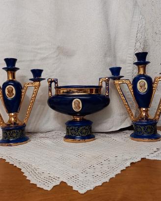 TRITTICO antico in ceramica vaso e candelabri CAL