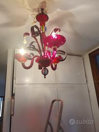 lampadario 3 luci in vetro rosso di Murano