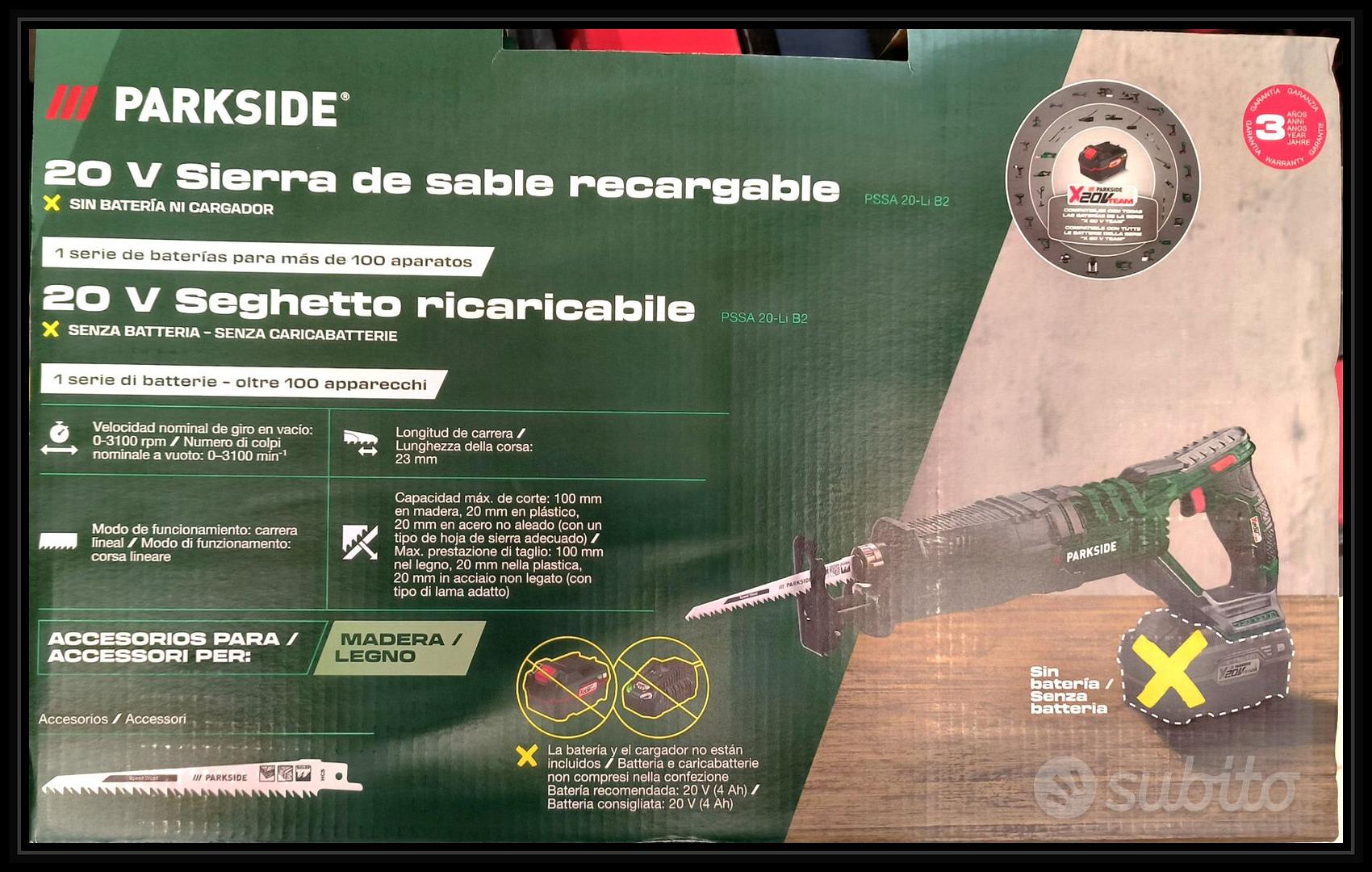 SEGHETTO A GATTUCCIO Ricaricabile Parkside PSSA 20-Li B2 Senza Batteria