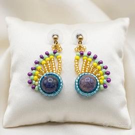 Orecchini Lapislazzuli Vintage Piuma Pavone Boho