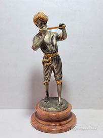 Scultura Bronzo Argentato Dorato Ragazzo Flauto XX