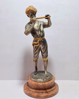 Scultura Bronzo Argentato Dorato Ragazzo Flauto XX