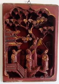 Antico Pannello Cinese in Legno Intagliato, Qing