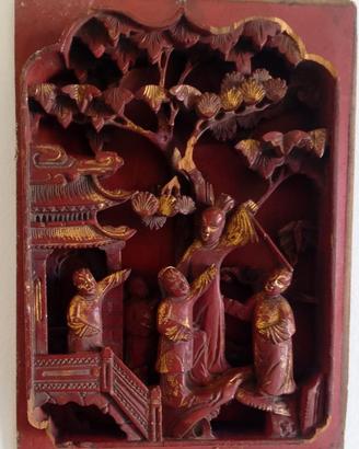 Antico Pannello Cinese in Legno Intagliato, Qing