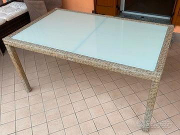 Tavolo da esterno finto vimini ripiano in vetro