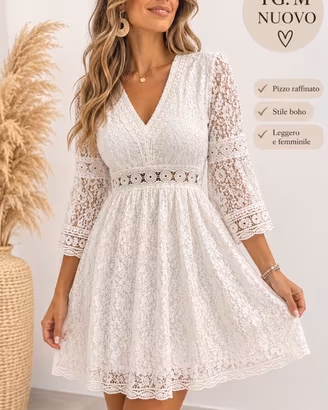 Abito boho chic bianco in pizzo, maniche lunghe