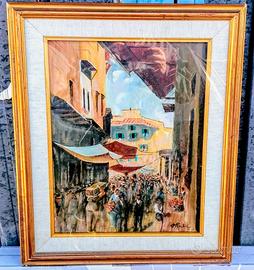 Quadro con mercatino dipinto a mano su tela .