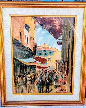 Quadro con mercatino dipinto a mano su tela .