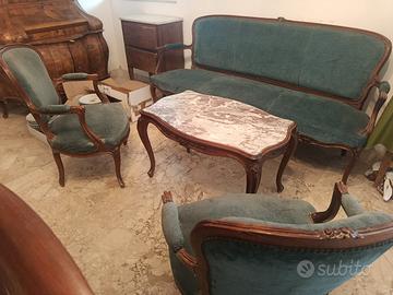 salotto antico; divano, 2 poltrone, tavolino marmo