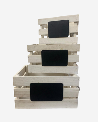Set 3 cassette in legno bianco con lavagnetta