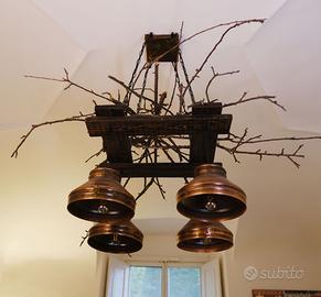 Lampadario a sospensione artigianale legno e rame