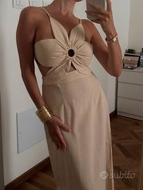 Abito S beige lungo panna tessuto misto con lino
