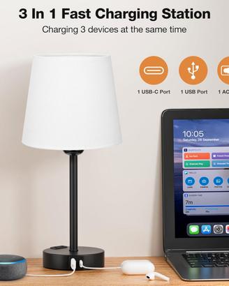 Lampada da Comodino con Presa AC e USB-C 3in1