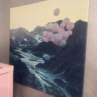 Quadro Paesaggio Montagna con Palloncini Rosa